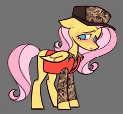 Size: 1595x1479 | Tagged: safe, artist:partyponypower, derpibooru import, fluttershy, pegasus, pony, g4, bobby baccalieri, camouflage, cap, clothes, collared shirt, colored, colored sketch, colored wings, colored wingtips, eyelashes, female, flat colors, folded wings, frown, gray background, hat, image, jpeg, lidded eyes, looking back, mare, missing cutie mark, no catchlights, no pupils, pink mane, pink tail, shirt, simple background, sketch, solo, standing, tail, the sopranos, two toned mane, two toned tail, two toned wings, vest, wavy mane, wavy tail, wings, yellow wingtips