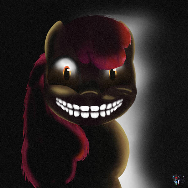 Size: 894x894 | Tagged: semi-grimdark, artist:fandomartist45, derpibooru import, apple bloom, pony, luna game, g4, creepy, creepy bloom, creepypasta, dark background, evil grin, female, filly, foal, grin, image, jpeg, looking at you, retake, smiling, smiling at you, solo, watermark, wide grin, wide smile