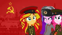 Size: 1192x670 | Tagged: artist needed, safe, artist:pinkiepiemike, aria blaze, pinkie pie, sunset shimmer, equestria girls, friendship games, rainbow rocks, ak-47, aria blaze is not amused, assault rifle, communism, female, gun, hammer and sickle, hat, image, kgb, medal, medals, moscow, peaked cap, png, red star, rifle, ship:ariapie, ship:sunsetpie, ship:sunshowerblaze, soviet, soviet shimmer, soviet union, trio, trio female, unamused, weapon