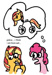 Size: 669x963 | Tagged: safe, artist:zoeyhorse, derpibooru import, pinkie pie, sunset shimmer, earth pony, pony, unicorn, g4, bicycle, dialogue, duo, duo female, female, hooves together, horn, image, mare, misunderstanding, open mouth, png, simple background, thought bubble, white background