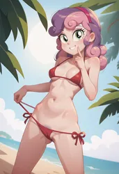 Size: 4992x7296 | Tagged: suggestive, ai content, derpibooru import, machine learning generated, prompter:kimberlite, stable diffusion, sweetie belle, human, equestria girls, g4, adult, beach, belly button, big breasts, bikini, bikini bottom, bikini top, breasts, clothes, generator:pony diffusion v6 xl, hourglass, image, ocean, older, older sweetie belle, palms, png, solo, swimsuit, water