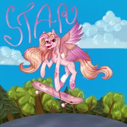 Size: 3000x3000 | Tagged: safe, artist:aasuri-art, derpibooru import, oc, oc:star, unofficial characters only, pegasus, pony, bandage, cloud, detailed background, forest, high res, image, looking at you, nature, pink eyes, png, skateboard, skates, skating, sky, tree