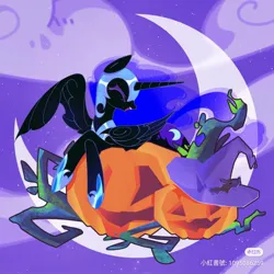 Size: 1080x1080 | Tagged: safe, artist:布丁, derpibooru import, nightmare moon, alicorn, pony, g4, cute, hat, image, jpeg, moon, night, night sky, nightmare night, pumpkin, red little book source, sky, smiling, stars, vine, witch hat