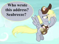 Size: 896x672 | Tagged: safe, derpibooru import, edit, edited screencap, editor:korora, screencap, derpy hooves, g4, school raze, bag, envelope, image, implied seabreeze, mail, mailbag, mailmare uniform, picture for breezies (reaction image), png