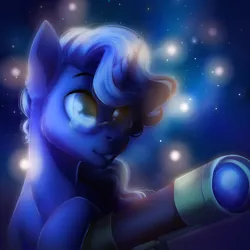 Size: 1900x1900 | Tagged: safe, artist:toxiccolour, derpibooru import, oc, unnamed oc, unofficial characters only, pony, unicorn, glasses, grin, horn, image, male, night, png, redesign, smiling, solo, stallion, stars, telescope