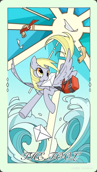 Size: 1080x1920 | Tagged: safe, artist:布丁, derpibooru import, derpy hooves, pegasus, g4, bag, image, jpeg, mail, mailpony, ocean, red little book source, saddle bag, solo, tarot card, water, wave