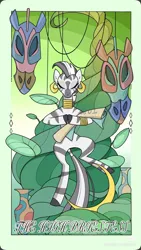 Size: 1080x1920 | Tagged: safe, artist:布丁, derpibooru import, zecora, zebra, g4, ear piercing, image, jpeg, mask, neck rings, piercing, red little book source, solo, tarot card, vase, vine