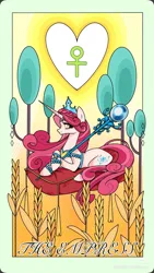 Size: 1080x1920 | Tagged: safe, artist:布丁, derpibooru import, princess amore, unicorn, g4, food, heart, horn, image, jpeg, red little book source, solo, tarot card, tree, wheat