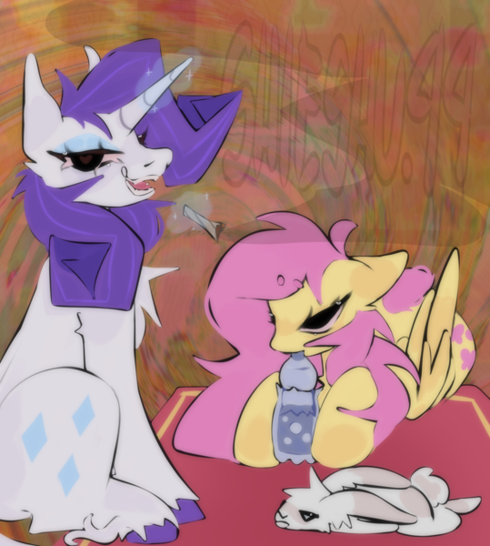 Size: 1773x1972 | Tagged: questionable, artist:shieshuqqq, derpibooru import, angel bunny, fluttershy, rarity, pegasus, pony, unicorn, bong, drugs, duo, duo female, female, flarity, horn, image, lesbian, marijuana, png, shipping, smoking