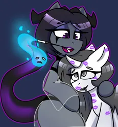 Size: 1182x1280 | Tagged: suggestive, artist:askhypnoswirl, derpibooru import, oc, oc:meer, demon, demon pony, original species, unicorn, eyeshadow, horn, horns, image, jpeg, kiss mark, lipstick, makeup, smoking, soul vore, tail, unicorn oc, vore