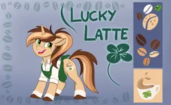 Size: 2936x1809 | Tagged: safe, artist:rutkotka, derpibooru import, oc, oc:lucky latte, unofficial characters only, pony, unicorn, apron, barista, clothes, coffee, freckles, gradient background, horn, image, png, reference sheet, solo