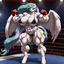Size: 1280x1280 | Tagged: suggestive, ai content, derpibooru import, machine learning generated, prompter:james-stalink, princess celestia, alicorn, anthro, pony, unguligrade anthro, g4, abs, biceps, big breasts, bikini, black bikini, black swimsuit, bodybuilder, boxing, boxing gloves, boxing ring, breasts, busty princess celestia, calves, clothes, deltoids, female, image, looking at you, mare, muscles, muscular female, png, praise the sun, princess musclestia, solo, solo female, sports, swimsuit, thighs, thunder thighs, triceps