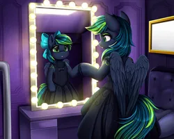 Size: 2559x2044 | Tagged: safe, artist:pridark, derpibooru import, oc, unofficial characters only, pegasus, pony, clothes, dress, female, filly, foal, image, mare, mirror, pegasus oc, png, reflection, solo, wings