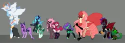 Size: 4096x1417 | Tagged: safe, derpibooru import, oc, oc:minty fresh, oc:monster mash, oc:pepper fresh, unofficial characters only, bat pony, changeling, hippogriff, pegasus, pony, unicorn, angel oc, bat pony oc, bat wings, changeling oc, clothes, disguise, disguised changeling, hippogriff oc, horn, image, jpeg, latex, latex socks, socks, timber wolf oc, unicorn oc, wings