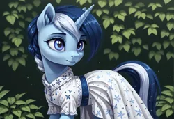 Size: 2104x1440 | Tagged: safe, ai content, derpibooru import, machine learning generated, stable diffusion, oc, oc:river swirl, unofficial characters only, pony, unicorn, equestria at war mod, clothes, dress, female, generator:pony diffusion v6 xl, horn, image, looking sideways, mare, png, prompter:siber, solo