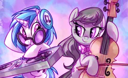 Size: 5196x3188 | Tagged: safe, artist:whitediamonds, derpibooru import, octavia melody, vinyl scratch, earth pony, pony, unicorn, g4, absurd resolution, bipedal, bow (instrument), bowtie, cello, duo, duo female, female, grin, hoof hold, horn, image, jpeg, looking at each other, looking at someone, mare, musical instrument, octavia's bowtie, smiling, smiling at each other, turntable, vinyl's glasses, vinyl's headphones