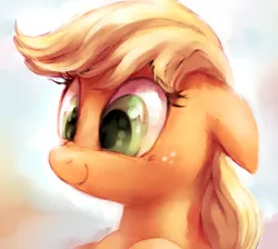 Size: 836x750 | Tagged: safe, artist:whitediamonds, derpibooru import, applejack, earth pony, pony, g4, bust, cute, female, floppy ears, freckles, hatless, image, jackabetes, mare, missing accessory, nose wrinkle, png, portrait, smiling, solo, wip