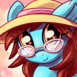 Size: 1800x1800 | Tagged: safe, artist:whitediamonds, derpibooru import, oc, oc:mystic lens, unofficial characters only, pony, bust, commission, female, glasses, hat, image, looking at you, mare, png, portrait, smiling, smiling at you, solo, sun hat