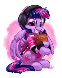 Size: 1600x2000 | Tagged: safe, artist:whitediamonds, derpibooru import, twilight sparkle, twilight sparkle (alicorn), alicorn, pony, g4, book, female, gaming headset, grin, headphones, headset, headset mic, horn, image, looking at you, mare, png, signature, sitting, smiling, smiling at you, solo, tail, wings