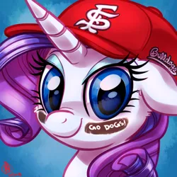 Size: 1800x1800 | Tagged: safe, artist:whitediamonds, derpibooru import, rarity, pony, unicorn, g4, baseball cap, bust, cap, commission, eyeshadow, female, hat, horn, image, looking at you, makeup, mare, png, portrait, signature, smiling, smiling at you, solo, sports