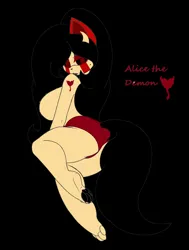 Size: 970x1280 | Tagged: suggestive, artist:naughtybearpuff, artist:princeduskstripe, derpibooru import, oc, oc:alice, anthro, demon, demon pony, original species, base used, big breasts, black background, black hair, black sclera, black tail, breasts, brown coat, busty oc, clothes, demon horns, devil tail, feet, female, female oc, heart, horn, horns, image, jpeg, looking at you, looking back, looking back at you, over the shoulder, paw pads, paws, red eyes, sideboob, simple background, solo, tail, tattoo, text, thighs, thunder thighs, toe beans, toes, underpaw