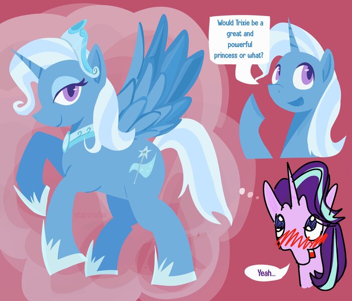 Size: 2048x1752 | Tagged: safe, artist:startrixfan, derpibooru import, starlight glimmer, trixie, alicorn, pony, unicorn, alicornified, blushing, duo, female, horn, image, jewelry, jpeg, lesbian, race swap, regalia, shipping, speech bubble, startrix, thought bubble, trixiecorn