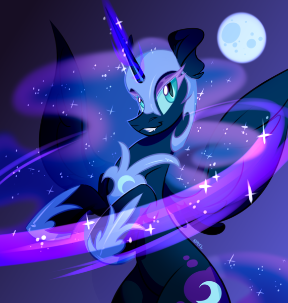 Size: 4000x4200 | Tagged: safe, artist:k0potb, derpibooru import, nightmare moon, alicorn, pony, g4, colored eyelashes, ethereal mane, ethereal tail, fangs, female, full moon, glow, glowing horn, horn, image, magic, mare, moon, png, purple eyelashes, rearing, slit pupils, solo, tail