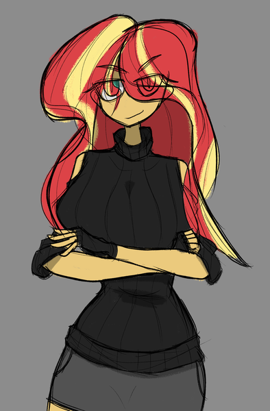 Size: 1518x2312 | Tagged: safe, artist:willowcatkin, derpibooru import, sunset shimmer, human, equestria girls, g4, breasts, busty sunset shimmer, clothes, crossed arms, eye clipping through hair, gray background, image, looking at you, png, simple background, smiling, smirk, solo, sweater