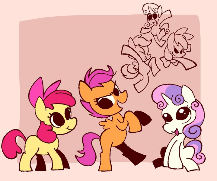 Size: 2048x1709 | Tagged: safe, artist:chipchapp, derpibooru import, part of a set, apple bloom, scootaloo, sweetie belle, earth pony, pegasus, pony, unicorn, g4, :3, apple bloom's bow, bow, brown background, curly mane, curly tail, cutie mark crusaders, dynamic pose, eyelashes, female, filly, foal, hair accessory, hair bow, horn, image, jpeg, mane accessory, no pupils, open mouth, open smile, orange coat, passepartout, pink bow, purple mane, purple tail, rearing, red mane, red tail, reference sheet, simple background, sitting, small wings, smiling, sparkly eyes, spread wings, standing, tail, tongue out, trio, trio female, two toned mane, two toned tail, wall of tags, white coat, wingding eyes, wings, yellow coat