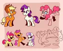 Size: 2048x1672 | Tagged: safe, artist:chipchapp, derpibooru import, part of a set, apple bloom, applejack, pinkie pie, rarity, scootaloo, sweetie belle, earth pony, pegasus, pony, unicorn, g4, :>, apple bloom's bow, applejack's hat, blonde mane, blonde tail, blue eyes, bow, brown background, cowboy hat, curly mane, curly tail, cutie mark crusaders, eyelashes, female, filly, foal, green eyes, group, hair accessory, hair bow, hat, horn, image, jpeg, looking at each other, looking at someone, looking back, mane accessory, mare, open mouth, open smile, orange coat, passepartout, pink bow, pink coat, pink mane, pink tail, ponytail, purple mane, purple tail, raised hoof, raised leg, red mane, red tail, reference sheet, ringlets, sextet, simple background, smiling, smiling at each other, standing, standing on one leg, stetson, tail, tied mane, tied tail, two toned mane, two toned tail, wall of tags, white coat, yellow coat