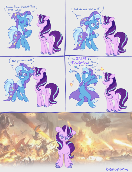 Size: 3081x4000 | Tagged: safe, artist:bishopony, derpibooru import, starlight glimmer, trixie, pony, unicorn, g4, baldur's gate, bipedal, blue coat, blue eyelashes, blue hooves, blue mane, blue tail, blue text, cape, clothes, colored eyelashes, colored hooves, comic, death stare, descent into avernus, dialogue, dungeons and dragons, duo, duo female, eyelashes, eyeshadow, female, frown, hat, hell, high res, hooves, horn, image, king of the hill, long mane, long tail, looking at someone, makeup, mare, narrowed eyes, no catchlights, no pupils, open frown, open mouth, pen and paper rpg, pink coat, pink eyeshadow, png, pointing, purple eyes, purple eyeshadow, purple hooves, purple text, raised hoof, raised hooves, rpg, shiny hooves, signature, smiling, smiling at someone, speech bubble, standing, standing on three hooves, starlight glimmer is not amused, stars, tail, talking, text, trixie being trixie, trixie's cape, trixie's hat, two toned mane, two toned tail, unamused, unicorn horn, wall of tags