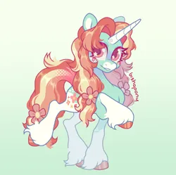 Size: 1875x1866 | Tagged: safe, artist:bishopony, derpibooru import, oc, oc:sweet pea, unofficial characters only, pony, unicorn, artfight, blue coat, blue eyeshadow, blush scribble, blushing, coat markings, colored eyelashes, colored hooves, colored horn, colored muzzle, colored pinnae, colored pupils, cute, cutie mark eyes, eyeshadow, facial markings, female, fetlock tuft, flower, flower in hair, flower in tail, gift art, gradient background, halftone, hooves, horn, image, long horn, long mane, long tail, looking back, magenta eyelashes, makeup, mare, ocbetes, orange eyes, orange hooves, png, red pupils, red text, screentone, shiny eyelashes, shiny hooves, shiny mane, shiny tail, signature, slender, smiling, socks (coat marking), solo, standing on two hooves, tail, text, thick eyelashes, thin, thin legs, three toned mane, three toned tail, unicorn horn, unicorn oc, unshorn fetlocks, wall of tags, wingding eyes