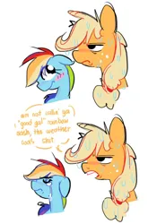 Size: 726x1036 | Tagged: safe, artist:appledash3r_, derpibooru import, applejack, rainbow dash, earth pony, pegasus, pony, g4, 2 panel comic, appledash, applejack is not amused, blonde mane, blue coat, blush lines, blushing, comic, crying, dialogue, duo, duo female, eye clipping through hair, female, floppy ears, freckles, frown, hatless, i'm not calling you good boy, image, jpeg, lesbian, looking at someone, mare, meme, missing accessory, multicolored hair, multicolored mane, narrowed eyes, open frown, open mouth, orange coat, orange text, ponified meme, ponytail, profile, rainbow hair, shipping, simple background, smiling, smiling at someone, speech bubble, talking, teeth, text, tied mane, unamused, vulgar, wet, wet fur, wet mane, white background