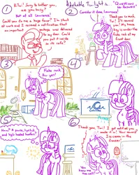 Size: 4779x6013 | Tagged: safe, artist:adorkabletwilightandfriends, derpibooru import, moondancer, twilight sparkle, twilight sparkle (alicorn), oc, oc:lawrence, oc:pinenut, alicorn, cat, comic:adorkable twilight and friends, adorkable, adorkable twilight, book, bookshelf, box, butt, cheating, clothes, comic, concerned, confused, cute, door, dork, food, front door, glasses, happy, helping, humor, ice cream, image, key, kindness, library, lipstick, lying down, magic, mobile phone, mysterious, mystery, necktie, package, phone, plot, png, potted plant, purse, rear view, refrigerator, relationship, ringing, rock, shoes, sitting, sleeping, slice of life, smartphone, smiling, stool, table, vent
