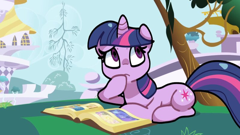 Size: 1435x807 | Tagged: safe, artist:kindakismet, derpibooru import, twilight sparkle, pony, unicorn, friendship is magic, g4, backwards cutie mark, book, canterlot, image, jpeg, lying down, prone, scene interpretation, screencap background, solo, tree, unicorn twilight