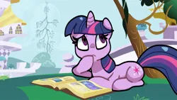 Size: 1435x807 | Tagged: safe, artist:kindakismet, derpibooru import, twilight sparkle, pony, unicorn, friendship is magic, g4, backwards cutie mark, book, canterlot, image, jpeg, lying down, prone, scene interpretation, screencap background, solo, tree, unicorn twilight