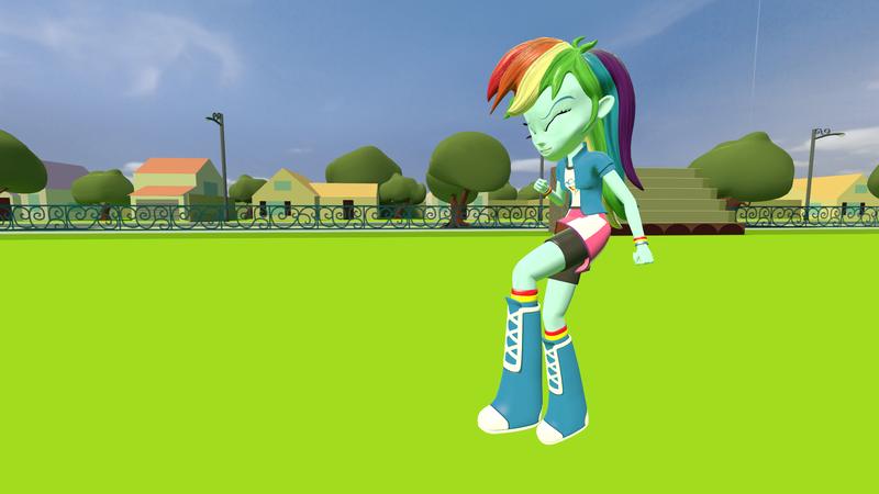 Size: 2048x1152 | Tagged: safe, artist:gaelgaming1, derpibooru import, rainbow dash, human, equestria girls, g4, 3d, female, fist pump, image, png, solo, source filmmaker