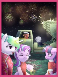 Size: 1536x2048 | Tagged: safe, artist:stephen_sen, derpibooru import, princess celestia, starlight glimmer, twilight sparkle, oc, alicorn, gryphon, pony, unicorn, cheongsam, chinese new year, clothes, dress, eyes closed, fireworks, griffon oc, horn, image, jpeg, lunar new year, missile launcher, smiling, vehicle, wavy mouth