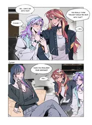 Size: 1512x2048 | Tagged: safe, artist:jiao, derpibooru import, starlight glimmer, sunset shimmer, twilight sparkle, human, beanie, comic, dialogue, female, hat, humanized, image, jealous, jpeg, lesbian, ship:shimmerglimmer, ship:twistarlight, shipping, sunsetsparkle, twidom