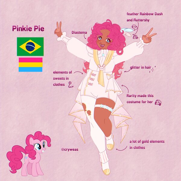 Size: 2048x2048 | Tagged: safe, artist:cryweas, derpibooru import, fluttershy, pinkie pie, rainbow dash, rarity, earth pony, human, pony, g4, alternate hairstyle, boots, brazil, clothes, cute, dark skin, diapinkes, dress, eyeshadow, feather, female, glitter, headcanon, high heel boots, humanized, image, jpeg, leg warmers, makeup, mare, open mouth, pansexual, pansexual pride flag, peace sign, pride, pride flag, reference sheet, shoes, socks, solo, stockings, thigh highs, tooth gap