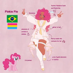 Size: 2048x2048 | Tagged: safe, artist:cryweas, derpibooru import, fluttershy, pinkie pie, rainbow dash, rarity, earth pony, human, pony, g4, alternate hairstyle, boots, brazil, clothes, cute, dark skin, diapinkes, dress, eyeshadow, feather, female, glitter, headcanon, high heel boots, humanized, image, jpeg, leg warmers, makeup, mare, open mouth, pansexual, pansexual pride flag, peace sign, pride, pride flag, reference sheet, shoes, socks, solo, stockings, thigh highs, tooth gap