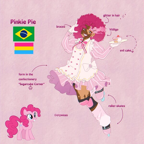 Size: 2048x2048 | Tagged: safe, artist:cryweas, derpibooru import, pinkie pie, earth pony, human, pony, g4, afro, alternate hairstyle, bowtie, braces, brazil, cake, clothes, cute, dark skin, diapinkes, dress, ear piercing, earring, eyeshadow, female, food, glitter, gloves, grin, headcanon, humanized, image, jewelry, jpeg, leg warmers, lipstick, makeup, mare, pansexual, pansexual pride flag, piercing, plate, pride, pride flag, reference sheet, roller skates, rollerblades, skates, smiling, socks, solo, vitiligo