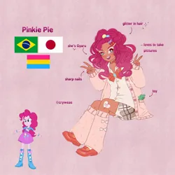 Size: 2048x2048 | Tagged: safe, artist:cryweas, derpibooru import, gummy, pinkie pie, alligator, human, equestria girls, g4, alternate hairstyle, asian, bandaid, blasian, boots, brazil, cardigan, choker, clothes, compression shorts, cute, dark skin, diapinkes, eyeshadow, female, gyaru, headcanon, humanized, image, japanese, jewelry, jpeg, lipstick, makeup, moon runes, nail polish, pansexual, pansexual pride flag, plushie, pride, pride flag, reference sheet, ring, shirt, shoes, skirt, socks, solo