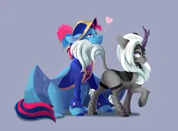 Size: 4266x3144 | Tagged: safe, artist:28gooddays, derpibooru import, oc, oc:andrew swiftwing, oc:jinx kurai, oc:swift sail, unofficial characters only, kirin, pegasus, choker, clothes, cloven hooves, coat, couple, feather, fishnet clothing, fishnets, hat, heart, horn, image, kirin oc, pegasus oc, png, raised tail, sailor uniform, scales, shipping, socks, spiked choker, stockings, tail, tattoo, teasing, thigh highs, uniform, wings