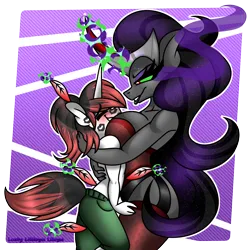 Size: 2000x2000 | Tagged: suggestive, artist:ladylullabystar, derpibooru import, king sombra, oc, oc:zaknel, anthro, unicorn, clothes, corset, feather, horn, image, kiss mark, lipstick, panties, pants, png, queen umbra, rule 63, socks, stockings, thigh highs, tickling, underwear