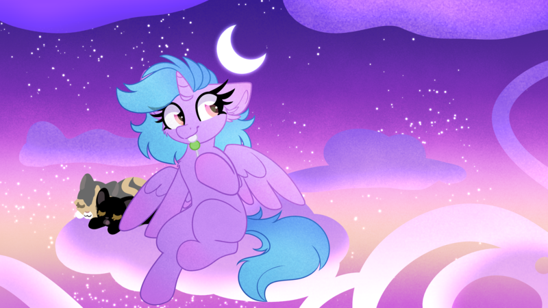 Size: 3840x2160 | Tagged: safe, artist:littleblackraencloud, derpibooru import, oc, oc:saphira moon, unofficial characters only, alicorn, cat, pony, alicorn oc, cloud, crescent moon, horn, image, moon, on a cloud, png, solo, stars, wings