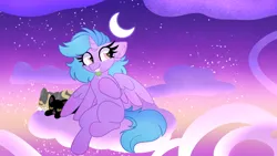 Size: 3840x2160 | Tagged: safe, artist:littleblackraencloud, derpibooru import, oc, oc:saphira moon, unofficial characters only, alicorn, cat, pony, alicorn oc, cloud, crescent moon, horn, image, moon, on a cloud, png, solo, stars, wings