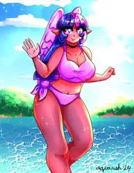 Size: 2550x3300 | Tagged: safe, artist:mylittleyuri, derpibooru import, twilight sparkle, human, g4, alicorn humanization, belly, belly button, bikini, choker, clothes, cute, dark skin, elf ears, horn, horned humanization, humanized, image, png, solo, summer, swimsuit, tree, twiabetes, water, winged humanization, wings