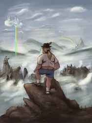 Size: 2250x3000 | Tagged: safe, artist:anonymous, derpibooru import, oc, unofficial characters only, human, clothes, cloud, cloudsdale, equestria, facing away, feathered hat, fedora, fine art parody, fog, hat, image, jpeg, looking away, male, man, neckbeard, ponytail, requested art, sandals, scenery, shirt, shorts, socks, solo, stereotype, t-shirt, wanderer above the sea of fog, white socks