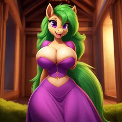 Size: 640x640 | Tagged: suggestive, ai content, anonymous prompter, derpibooru import, machine learning generated, apple leaves, anthro, earth pony, pony, apple family member, arm behind back, bare midriff, belly, belly button, big breasts, breasts, bustier, busty apple leaves, clothes, cottagecore, curvy, female, generator:frosting.ai, image, jpeg, looking at you, mare, open mouth, open smile, purple dress, smiling, smiling at you, solo, solo female